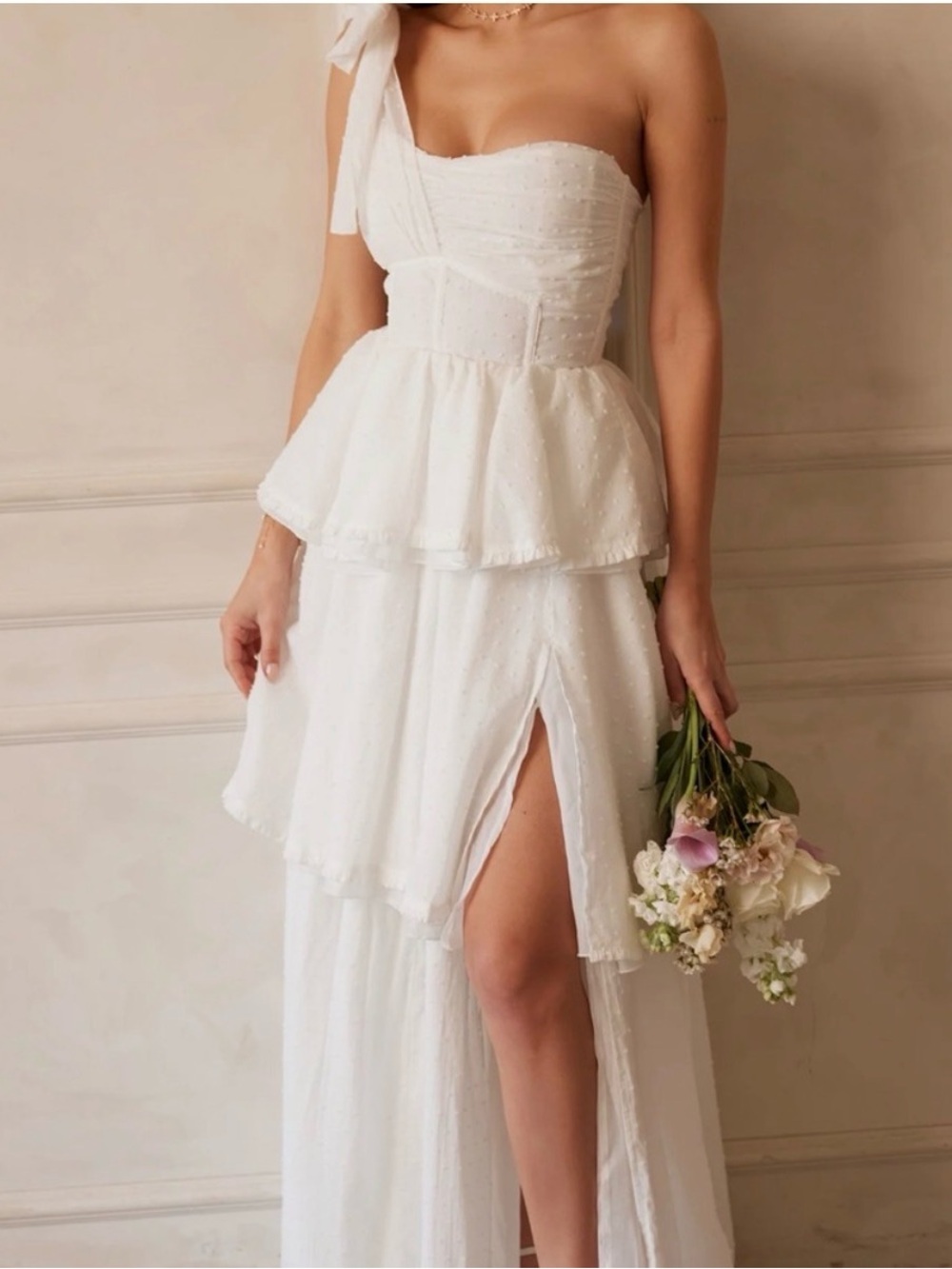 V. Chapman White One-Shoulder Tiered Wedding Dress